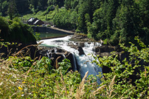The view from the top of Snoqualmie Falls with a focus on the top of the falls itself